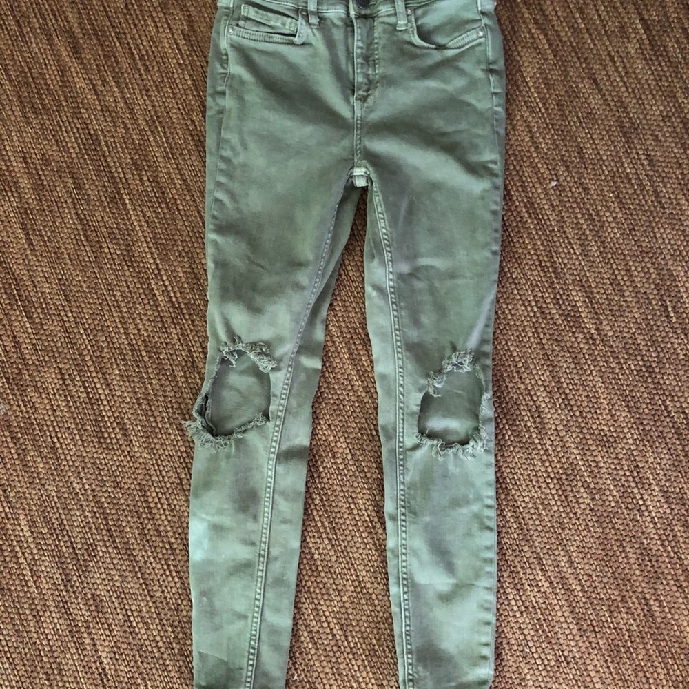 Free People High Rise Busted Olive Green Distressed Skinny Jean